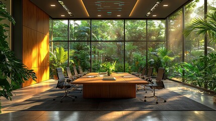 Fototapeta premium Modern conference room with large windows overlooking a lush green garden in a tranquil setting