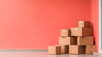 Obraz premium Cardboard boxes stacked near house color wall in bright setting, background