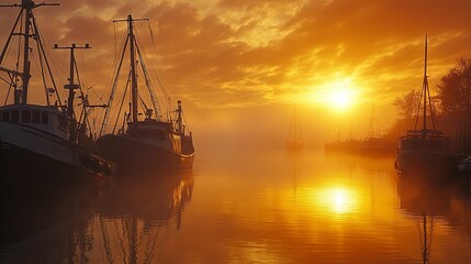 Silhouetted Boats at Sunrise with Fog and Reflections