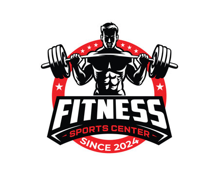 Powerful fitness sports center logo, gym logo, bodybuilding emblem, strength training and weightlifting badge for workout enthusiasts, athletes, sports clubs and health centers.