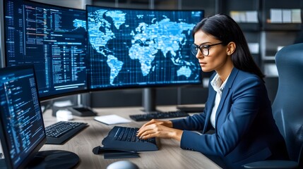 Businesswoman Overlaid with Flowing Data Streams,Innovative Technology-Driven Concept