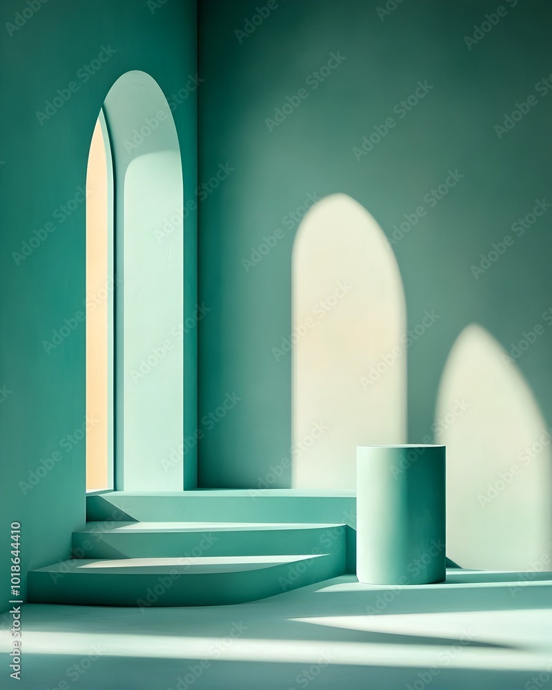 Poster teal colored minimalist studio interior scene with clean product display podium dramatic window ligh