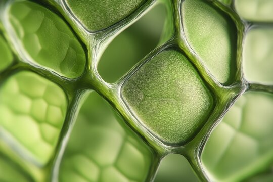 Close-up of green algae cells under microscope, intricate cellular structure, vivid details of cell walls and chloroplasts, high magnification, scientific study