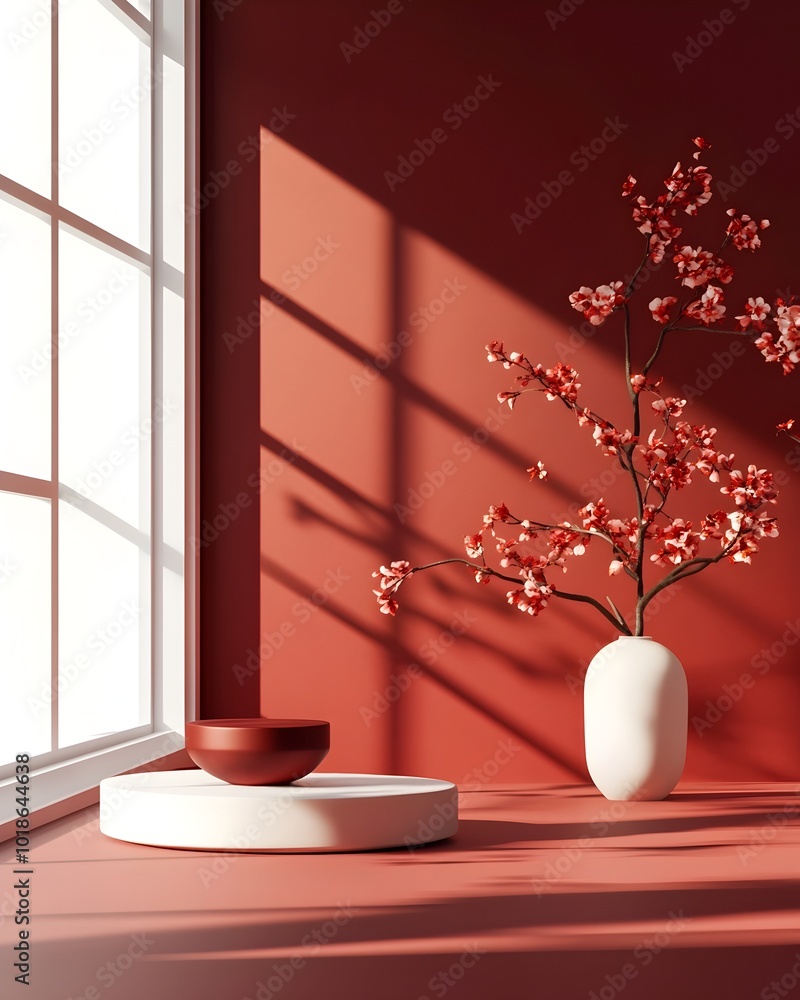 Poster minimalist 3d studio mockup scene with burgundy backdrop minimalist podium display and soft shadow d