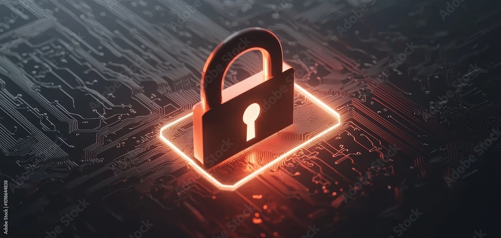 Poster digital padlock glowing on an illuminated circuit, representing advanced cybersecurity and protectio