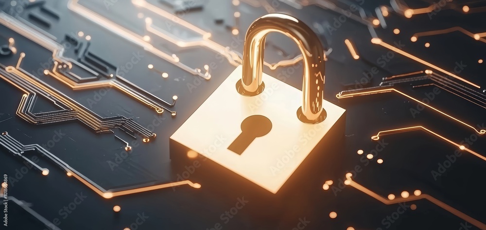 Poster digital padlock glowing on an illuminated circuit, representing advanced cybersecurity and protectio