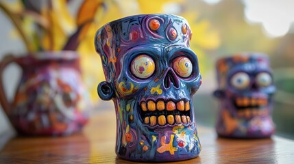 Fototapeta premium Colorful ceramic skull cup with intricate designs displayed indoors against a bright window background