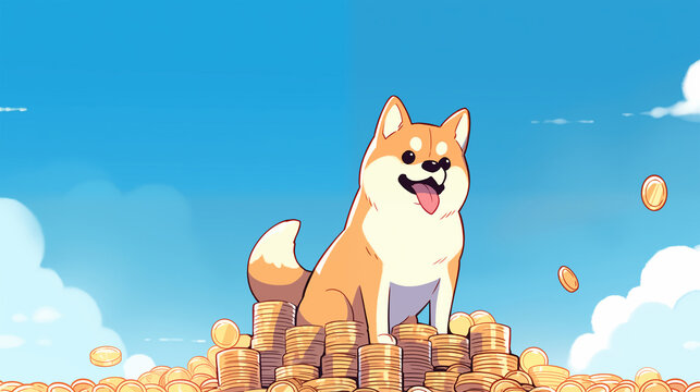 A Shiba Inu sitting on a Bitcoin coin, doge cryptocurrency meme dog, and a financial concept illustration. Display cryptocurrency investment concept, banner, copy space