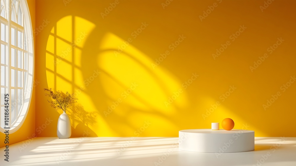 Poster vibrant 3d studio room setting with bold yellow background empty floor and wall showcasing a product