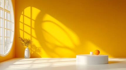Vibrant 3D studio room setting with bold yellow background empty floor and wall showcasing a product podium shadow overlay from window to countertop and a minimalist sunlit backdrop
