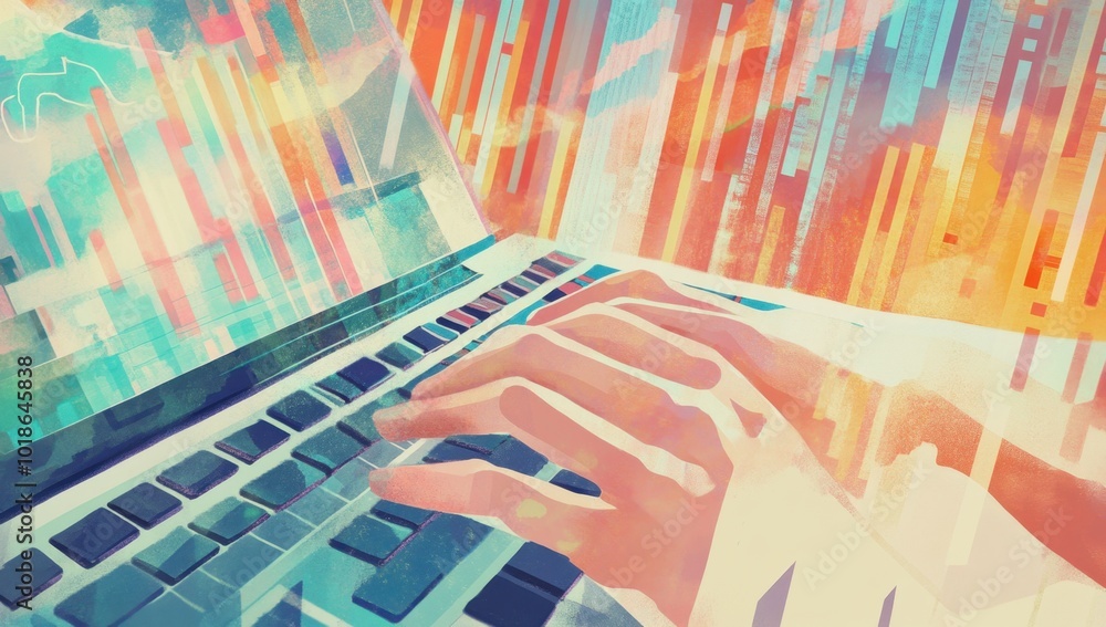 Poster a person typing on the keyboard with stock market charts and graphs floating above it, indicating th