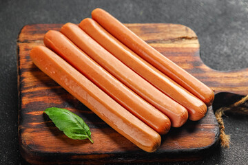 sausages fresh meat pork, beef, chicken dish gourmet food background on the table rustic food top view copy space