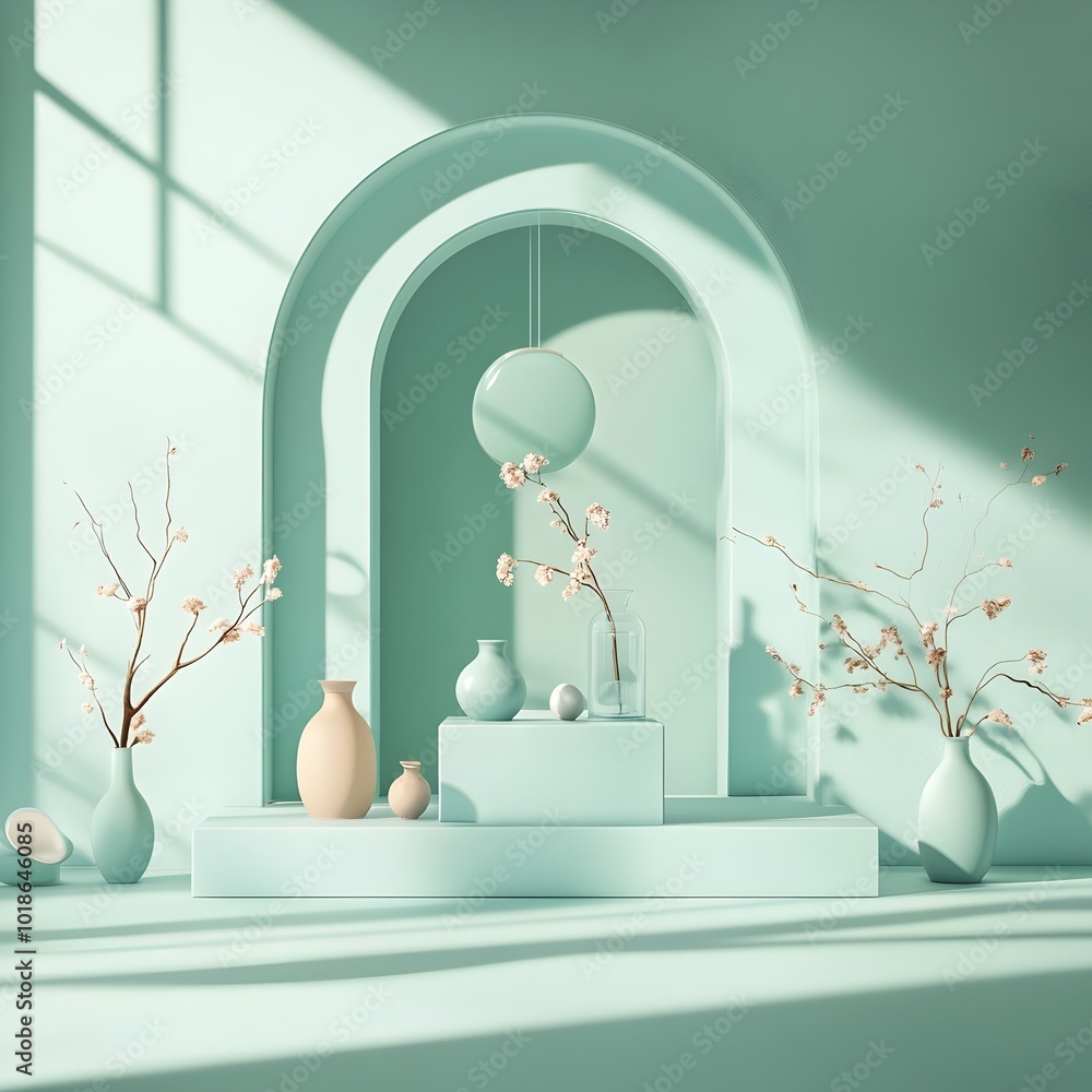 Poster serene and modern 3d studio environment featuring a tranquil turquoise color scheme bare floors and 