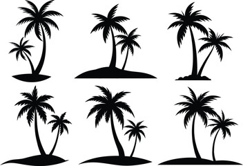 collection of Tropical Palm Trees, Black Silhouettes and Wave Lines Isolated on White Background. Vector