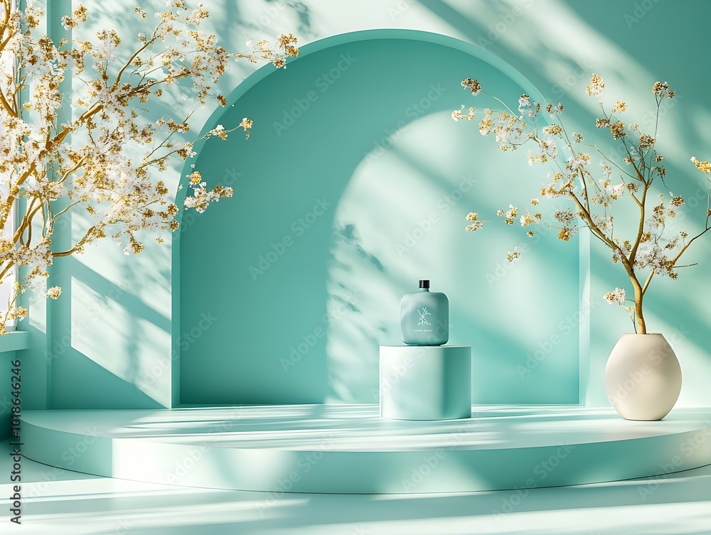 Poster tranquil and clean 3d studio scene with a turquoise backdrop open floor and walls and a centered ped