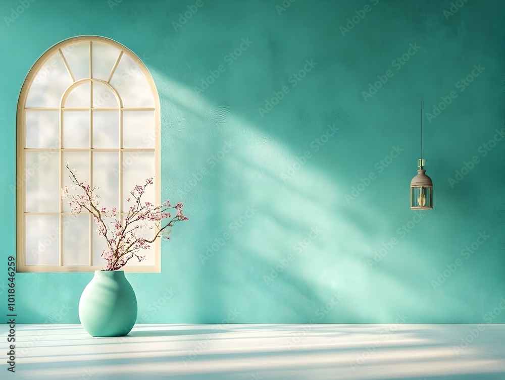 Poster tranquil 3d studio scene featuring a clean open interior with a turquoise backdrop and a centered pe