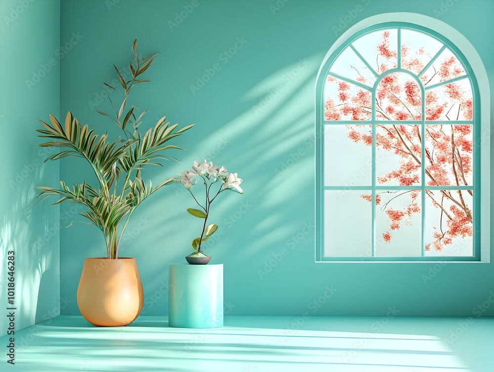 Poster tranquil 3d studio scene with turquoise backdrop clean open floor and walls product display on cente