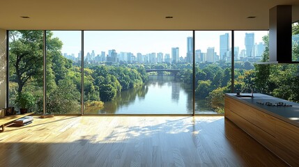 Modern urban living space with stunning river view and city skyline surrounded by lush greenery in the early morning light