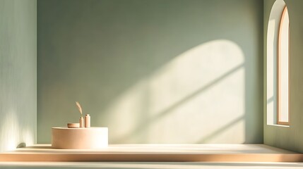 Minimalist 3D studio room with a muted olive green background an empty floor and a simple product podium  A soft shadow overlay from a nearby window casts gentle shadows across the countertop