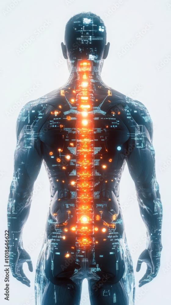 Poster human body with a tech spine overlay that includes sensors and glowing elements