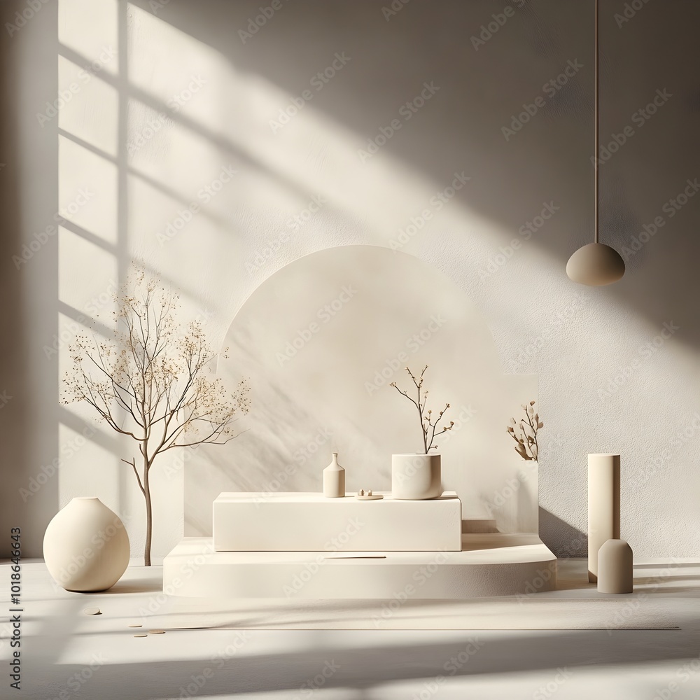 Poster serene and minimalist 3d studio environment featuring a neutral color palette bare floor and walls a