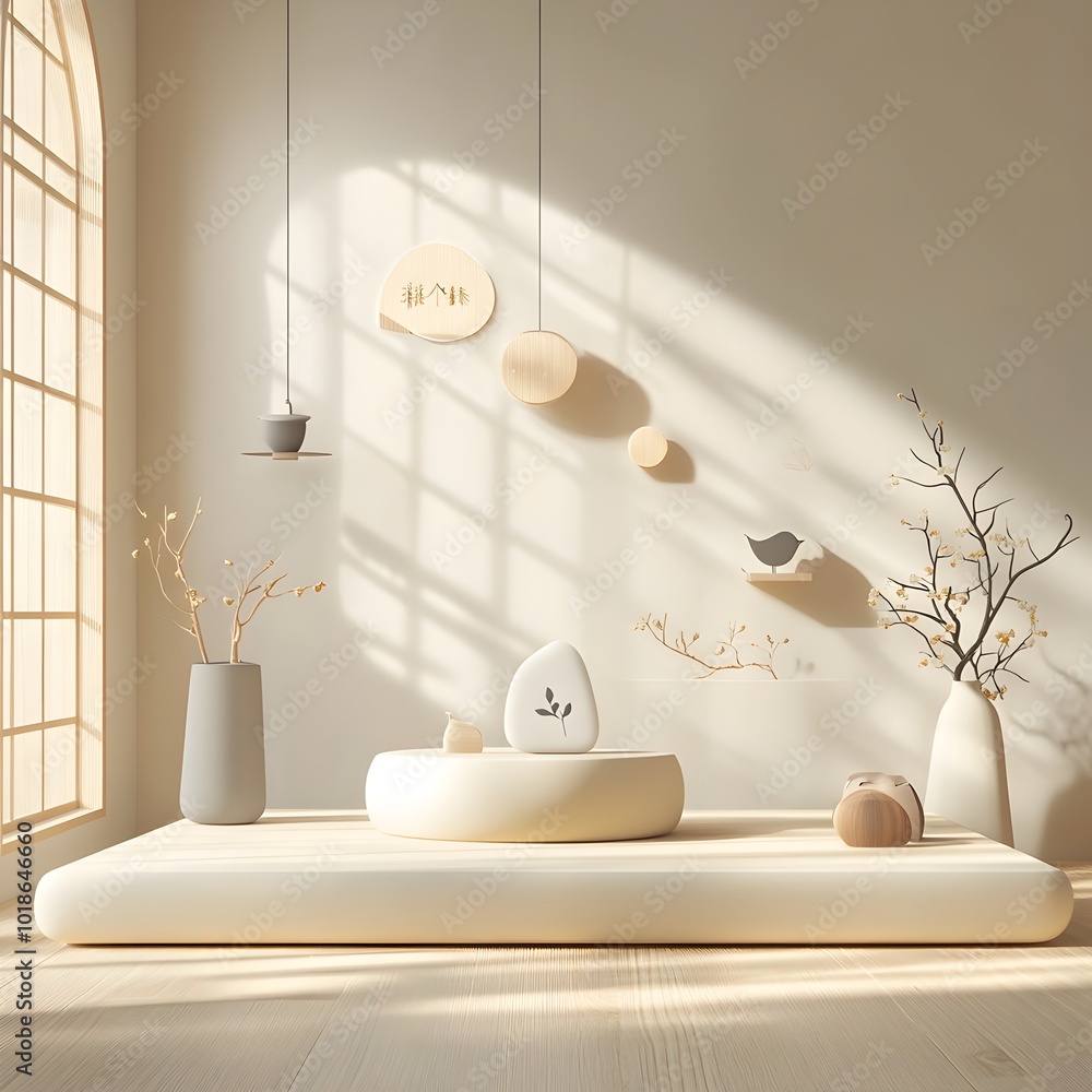 Poster serene and minimalist 3d studio environment featuring a neutral color palette bare walls and floor a