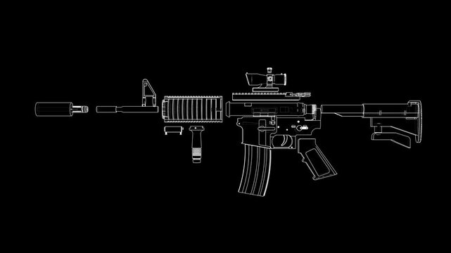 Animation of disassembling a military assault rifle. Wire-frame style