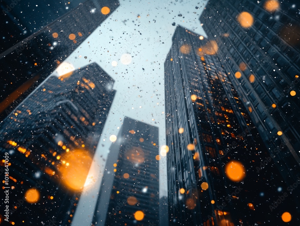 Poster a city skyline with three tall buildings and a cloudy sky. the buildings are lit up with bright ligh