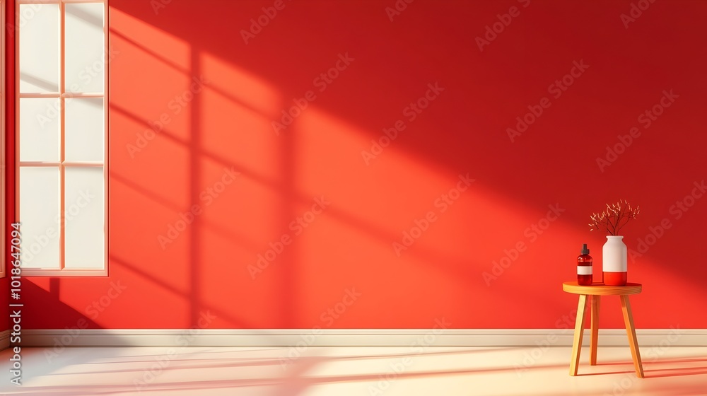 Poster elegant 3d rendering of a minimalist studio room setting with a cozy red backdrop empty floor and wa