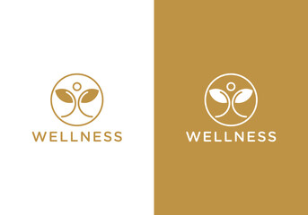 Abstract Health Logo Design. Combination of Leaves and Stylized People in Circle with Gold Color Isolated on White and Gold Background. Can be Used for Nature, Cosmetics, Health and Beauty Salon
