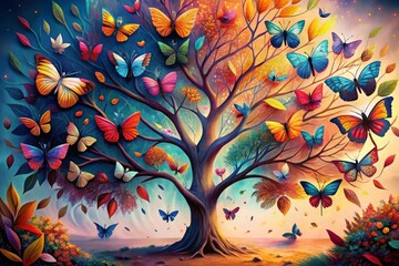 Colorful tree with vibrant leaves hanging branches illustration background 3d abstraction wallpaper for interior mural painting wall art decor
