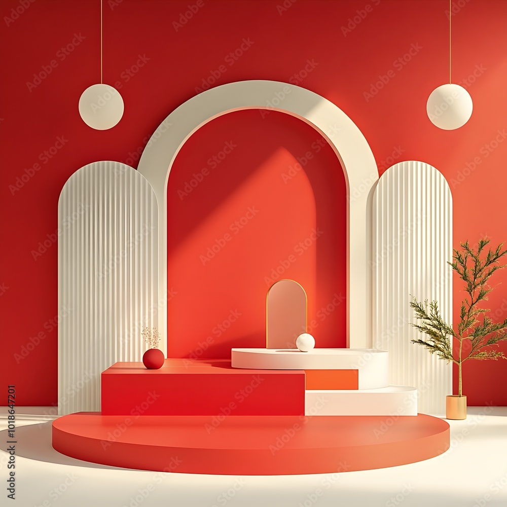 Aufkleber minimalist 3d studio set with clean open space red backdrop and natural lighting streaming through w