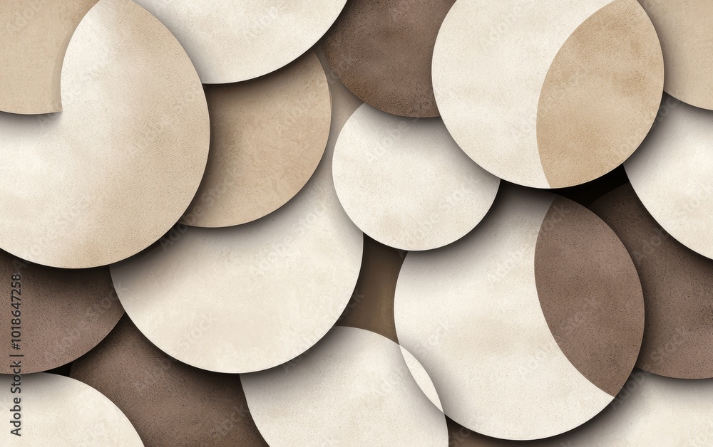 Poster overlapping circles in neutral tones, repeating symmetrically to create a dynamic and structured sea