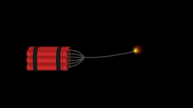 animated time bomb explosion with fuse wire wick burning. animation video footage isolated on alpha channel background(transparent).