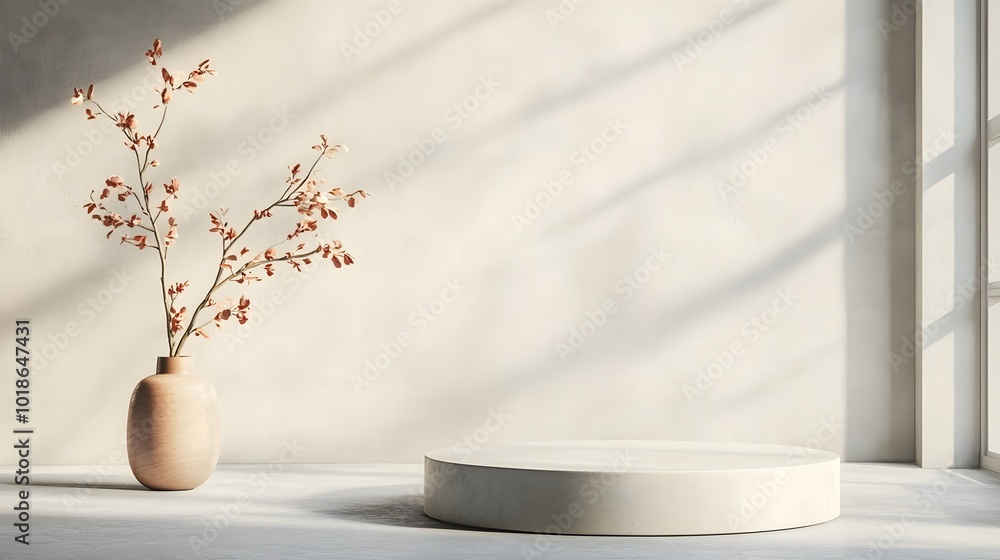 Poster minimalist 3d studio room with a neutral gray background empty concrete floor and a white wall featu