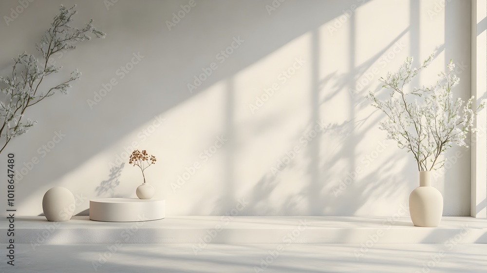 Poster minimalistic 3d studio room with neutral gray background empty concrete floor white wall with produc