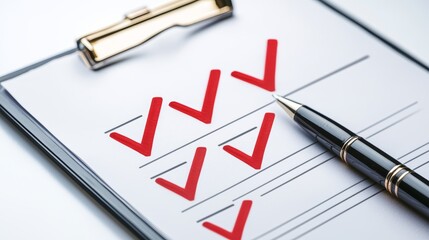 Real estate checklist with red checkmark, pen and model house on clipboard, detailed close-up shot, natural light, business success concept