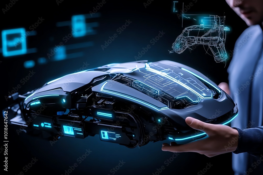 Poster Futuristic image of engineers reverse engineering a robotic exosuit, with digital blueprints floating in the air and advanced tools disassembling the technology