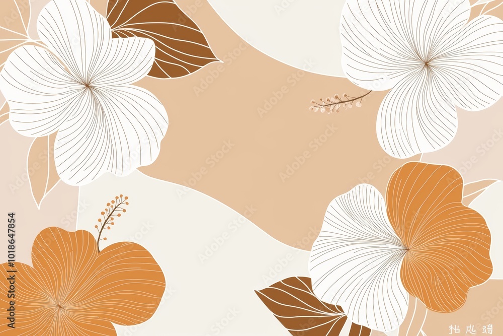 Poster simple hibiscus flowers in thin lines, repeated across a soft peach backdrop, creating a clean and m