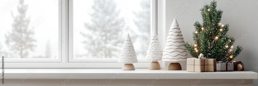 Aufkleber a christmas tree with three white trees and a green tree is on a window sill. there is a box of pres