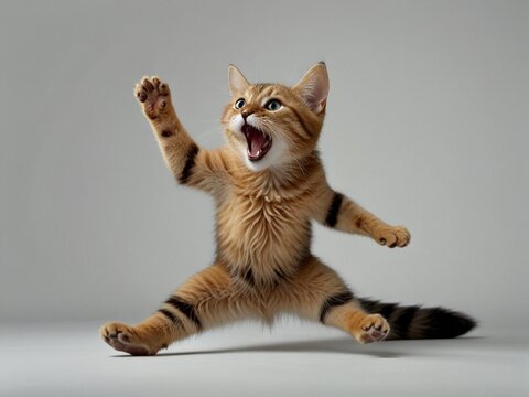Eine kleine braune Katze springt schreiend in die Luft, sie spreizt ihre Pfoten, heller Hintergrund