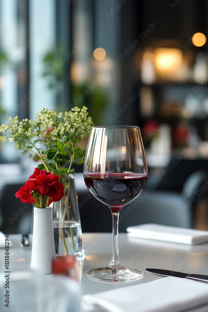 Poster a wine glass with a red liquid in it sits on a table with a vase of flowers. the table setting is el