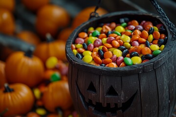 A bowl of candy is in front of a pumpkin. The bowl is full of candy and the pumpkin is orange