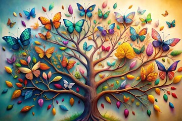 Colorful tree with vibrant leaves hanging branches illustration background 3d abstraction wallpaper for interior mural painting wall art decor