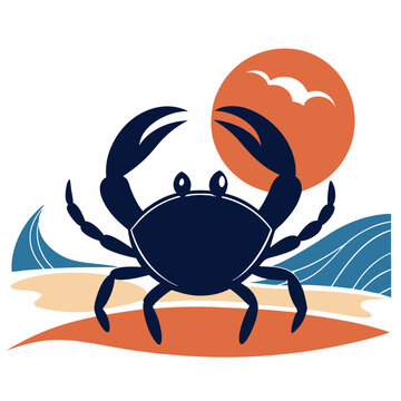 blue crab on beach with orange sun clip art preview