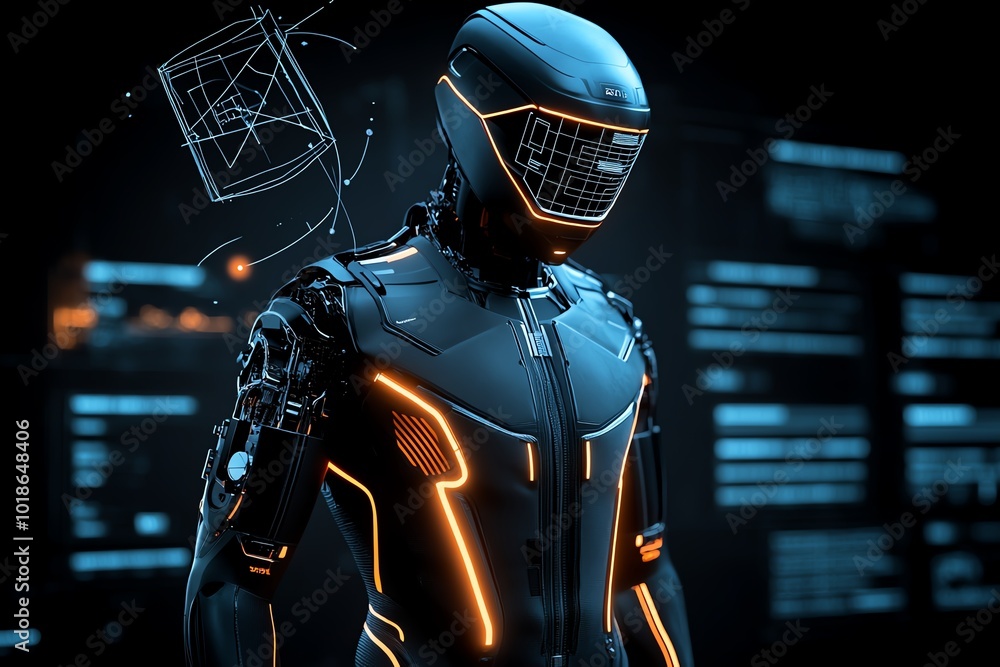 Leinwandbilder Futuristic image of engineers reverse engineering a robotic exosuit, with digital blueprints floating in the air and advanced tools disassembling the technology