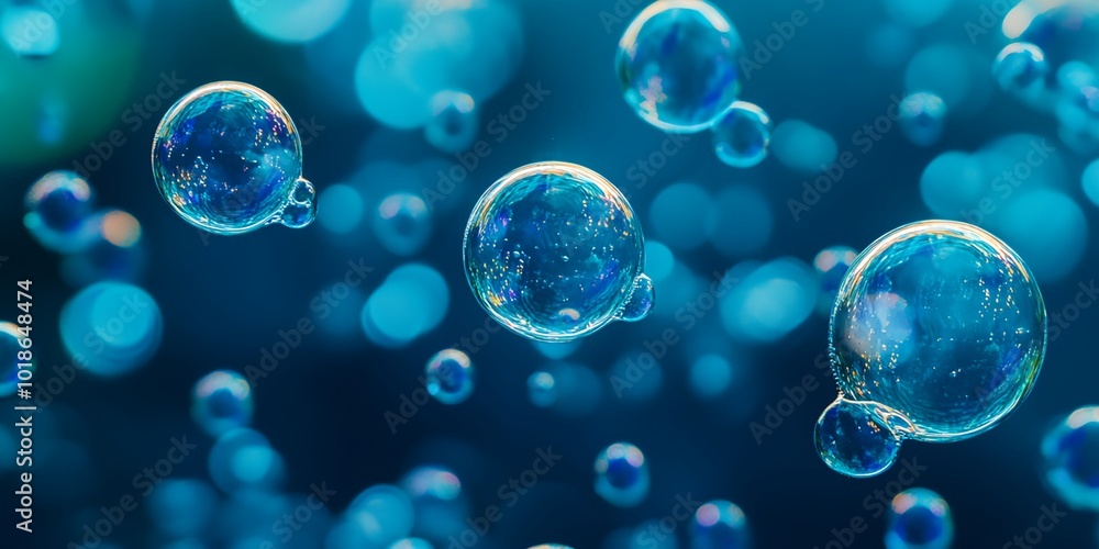 Poster a blue background with many bubbles floating in the air. the bubbles are of different sizes and are 