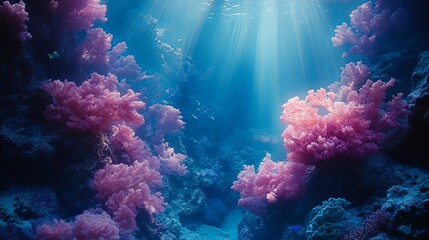 Obraz premium Underwater Scene with Sunlight Illuminating Pink Coral Formations