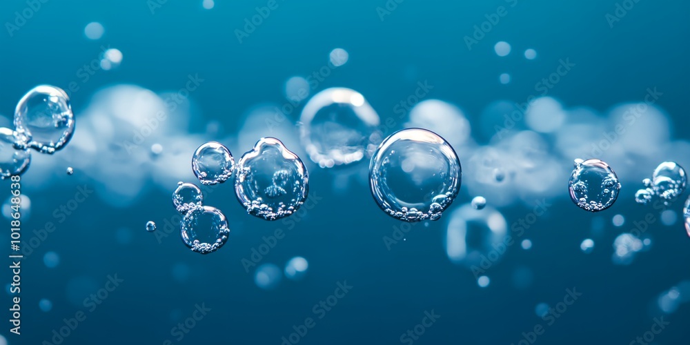 Poster a series of bubbles floating in the air. the bubbles are all different sizes and are scattered throu