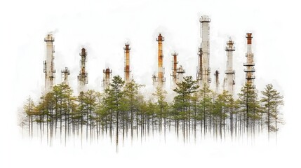 Obraz premium Refinery Gas Flares and Verdant Forest Juxtaposition Conveying Contrast Between Pollution and Purity
